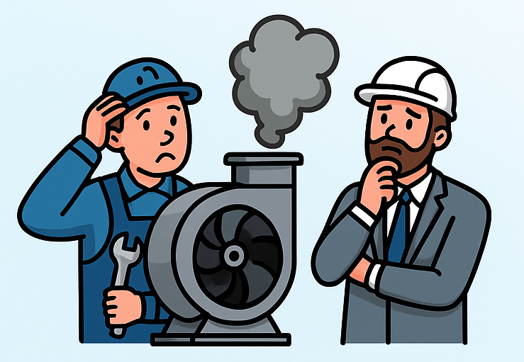 Ventilador echando humo con ingeniero preocupado